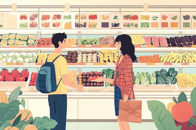 Photo a drawing of a man and woman shopping in a grocery store