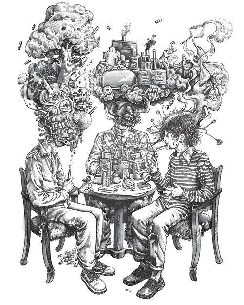 a drawing of a man and a woman sitting at a table with a man sitting next to them