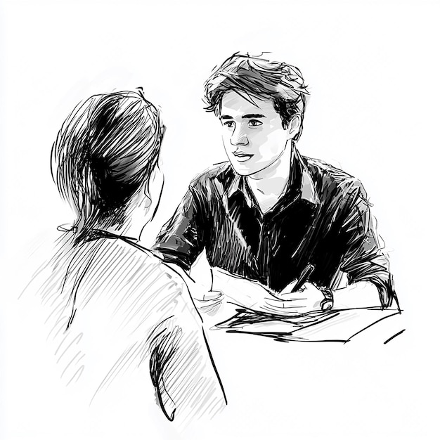 a drawing of a man and a woman sitting at a table