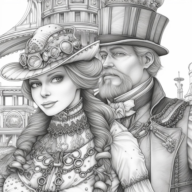 A drawing of a man and woman in steampunk clothing generative ai