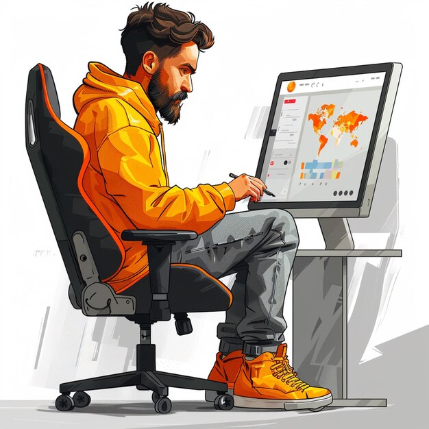 Photo a drawing of a man working on a computer with a map of the world on the screen