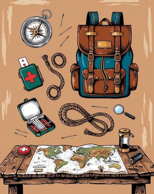 a drawing of a map with a backpack and a map on it