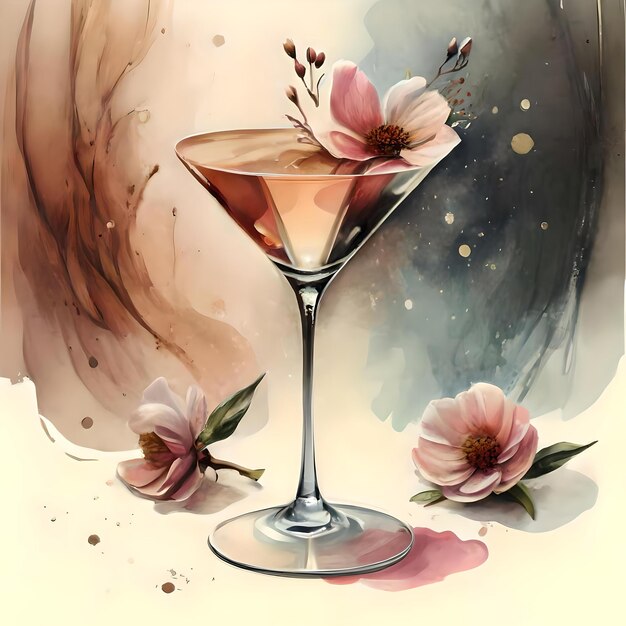 Photo a drawing of a martini glass with flowers and leaves