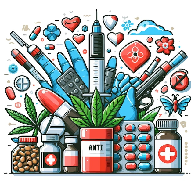 Photo a drawing of a medical theme with many items including medicine