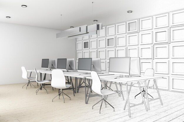 Drawing modern office interior with copy space on wall