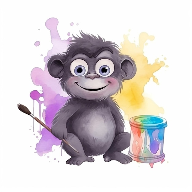 A drawing of a monkey with a paint can