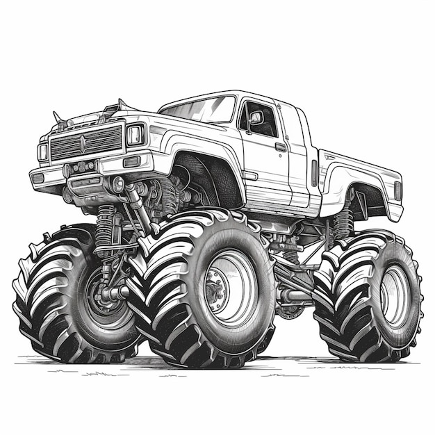 A drawing of a monster truck with huge tires on a white background generative ai