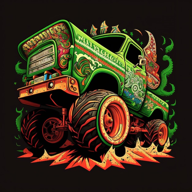 A drawing of a monster truck with a monster truck on it