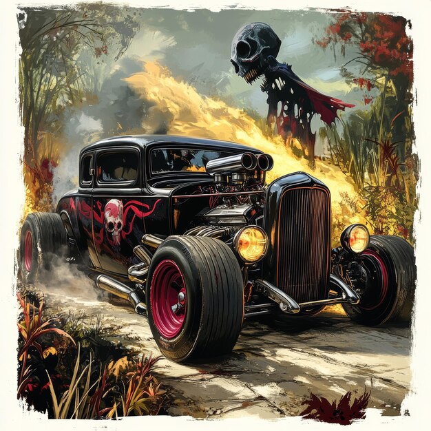 Photo a drawing of a monster truck with a skull on the front and the words  death  on the side