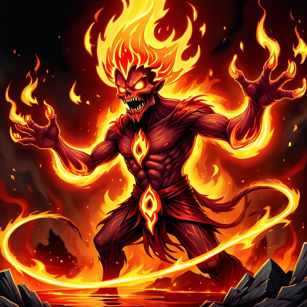 a drawing of a monster with a fire in the background