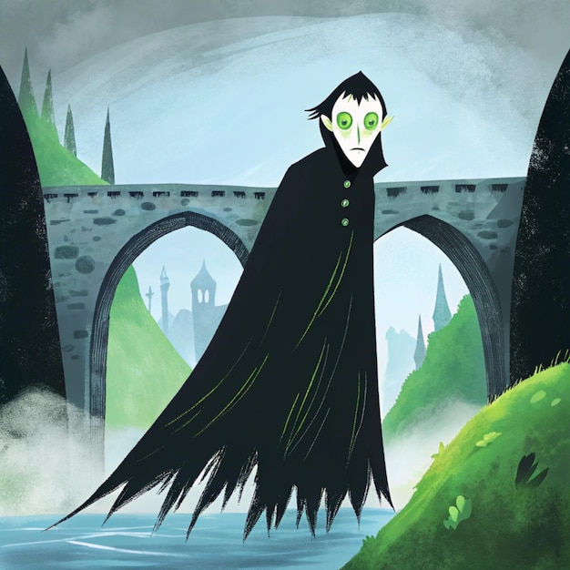 a drawing of a monster with green eyes and a black cape