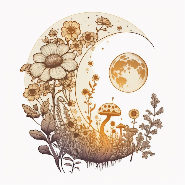 A drawing of a moon and mushrooms with a moon and flowers.