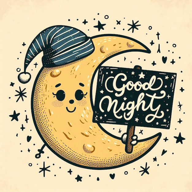 Photo a drawing of a moon and a sign that says good night