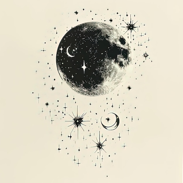 Photo a drawing of a moon and stars with a drawing of stars and the moon