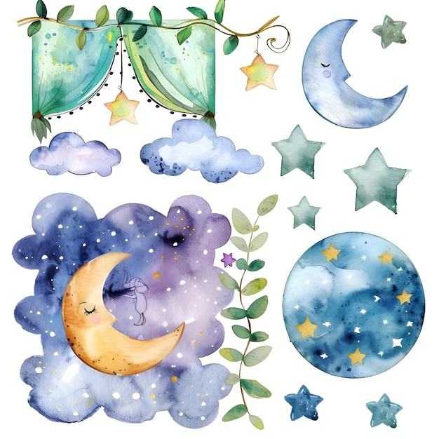 a drawing of a moon and stars with a sleeping bear