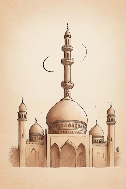 a drawing of a mosque with a crescent moon in the background