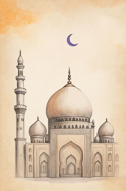 a drawing of a mosque with a crescent moon and a crescent moon