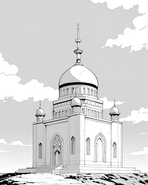 a drawing of a mosque with a cross on the top