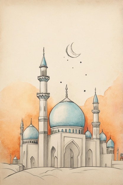 a drawing of a mosque with a moon and birds flying above it