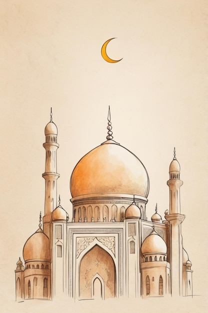 a drawing of a mosque with a moon and a crescent moon on it