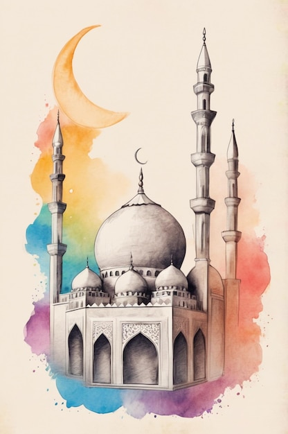 Photo a drawing of a mosque with a moon and moon in the background