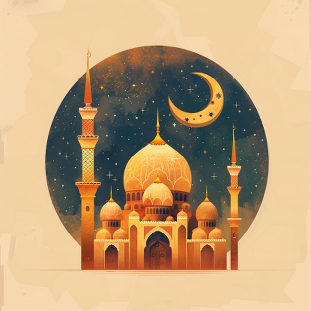 Photo a drawing of a mosque with a moon and a moon in the background