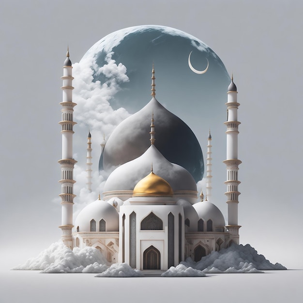 A drawing of a mosque with a moon and the moon in the background.