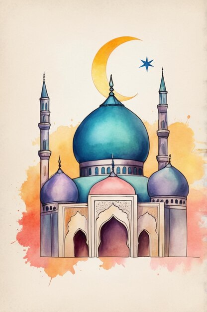 a drawing of a mosque with a moon and a star on it