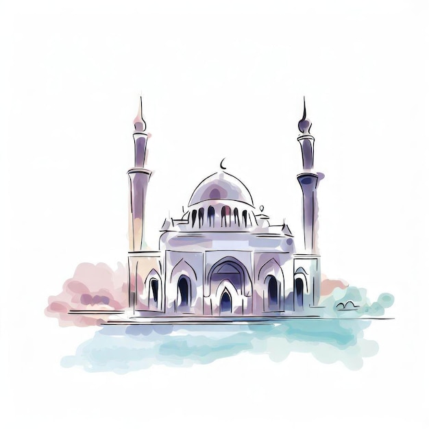 A drawing of a mosque with the name of the mosque on a white background.