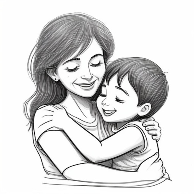 a drawing of a mother and child with a drawing of a mother hugging them