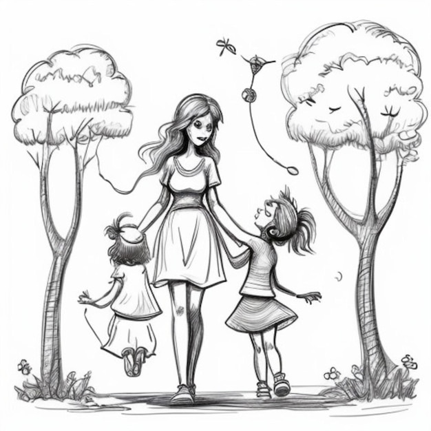 a drawing of a mother and daughter walking in the park