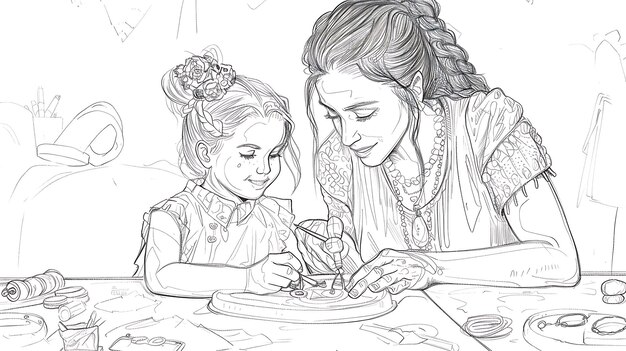 Photo a drawing of a mother and daughter with a plate with a cup of tea