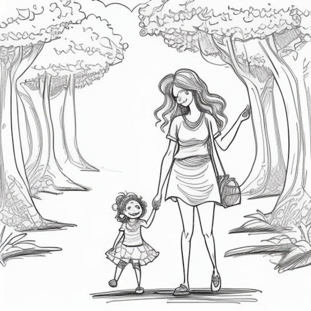 a drawing of a mother and daughter with trees in the background