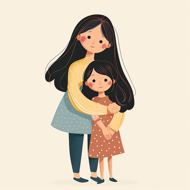 a drawing of a mother and daughter with a yellow shirt that says  the little girl is holding