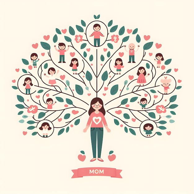 a drawing of a mother and her children with a tree in the middle