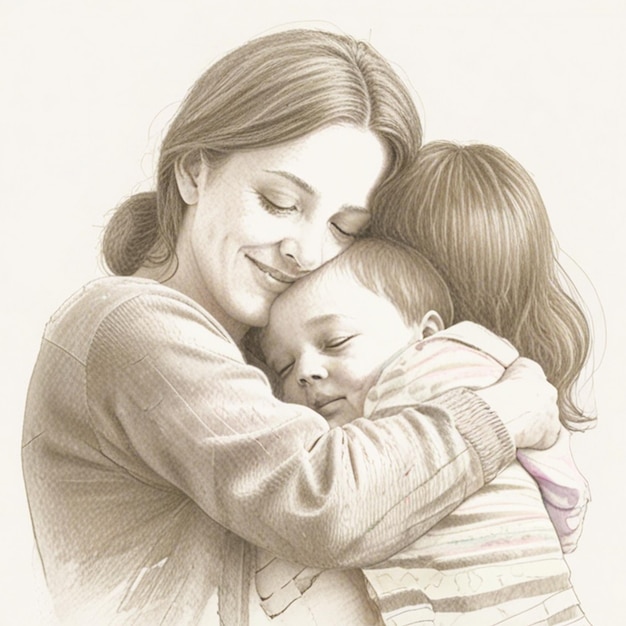 a drawing of a mother hugging her baby