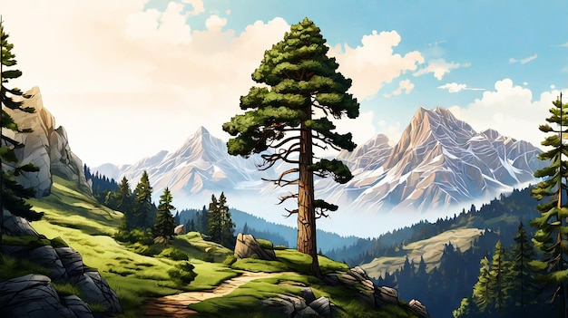 Photo a drawing of a mountain landscape with a tree and mountains in the background