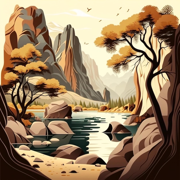 A drawing of a mountain landscape with trees and rocks.