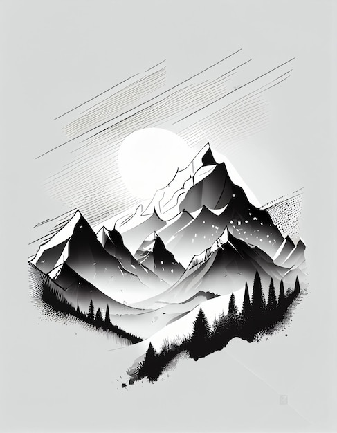 A drawing of a mountain range with the sun shining on it.