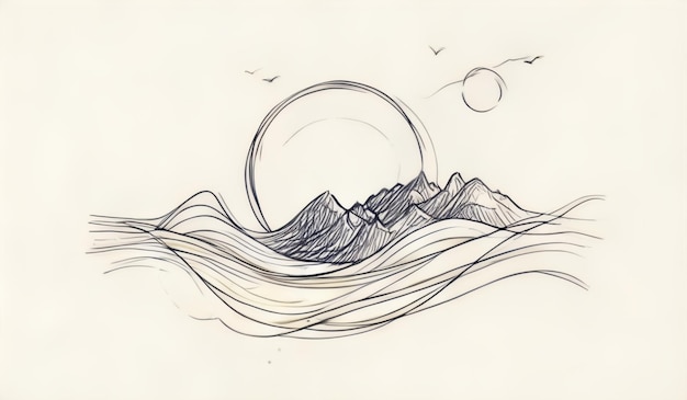 Photo a drawing of a mountain and waves with a drawing of a sun in the background