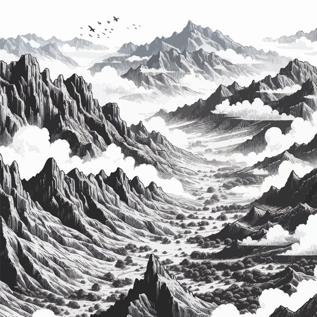 a drawing of a mountain with a bird flying over it