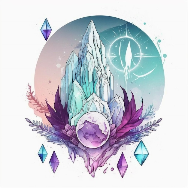 A drawing of a mountain with crystals and a diamond on it