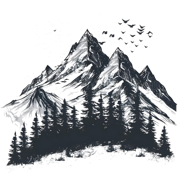 Photo a drawing of a mountain with a flock of birds flying over it