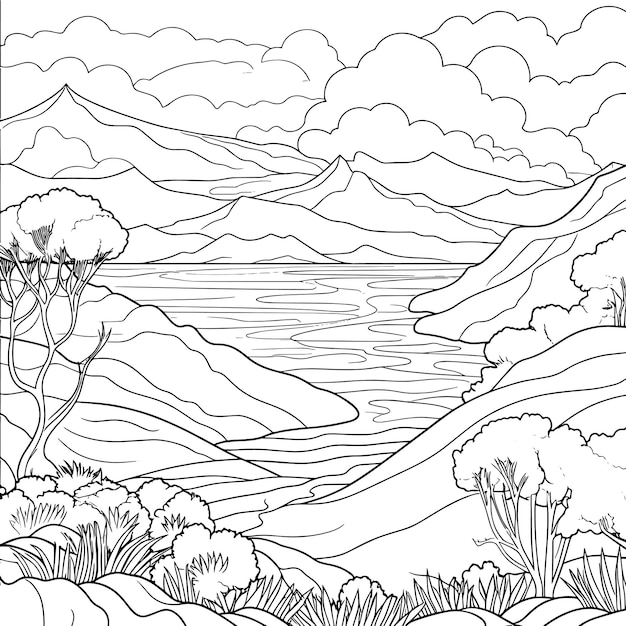 Photo a drawing of a mountain with a lake in the background