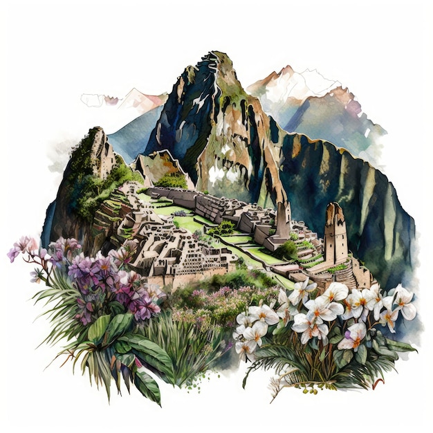 A drawing of a mountain with a mountain in the background