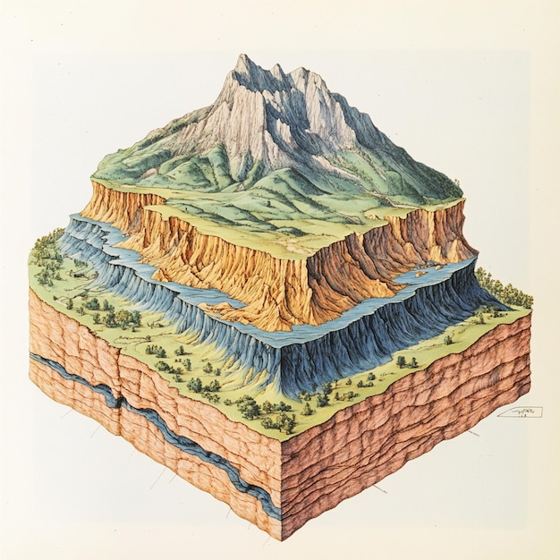 Photo a drawing of a mountain with a mountain in the middle