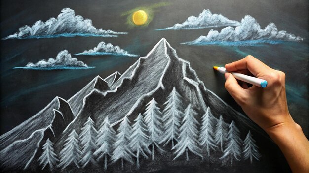 Photo a drawing of a mountain with a pencil in it