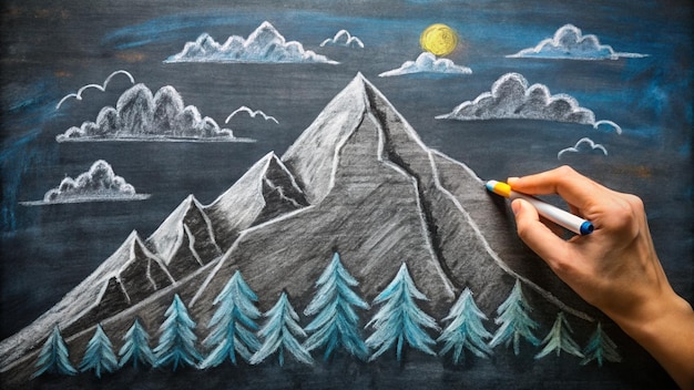 a drawing of a mountain with a person drawing on it