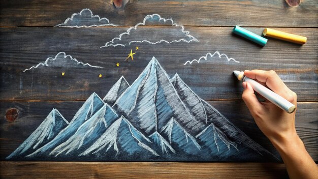 a drawing of a mountain with a picture of a plane and a mountain in the background