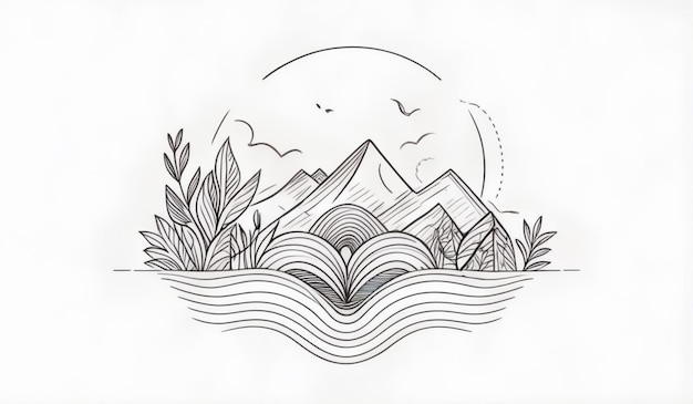 Photo a drawing of a mountain with a sun and mountains in the background